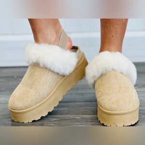 Forever 21 Tan Mules with White Fur Trim